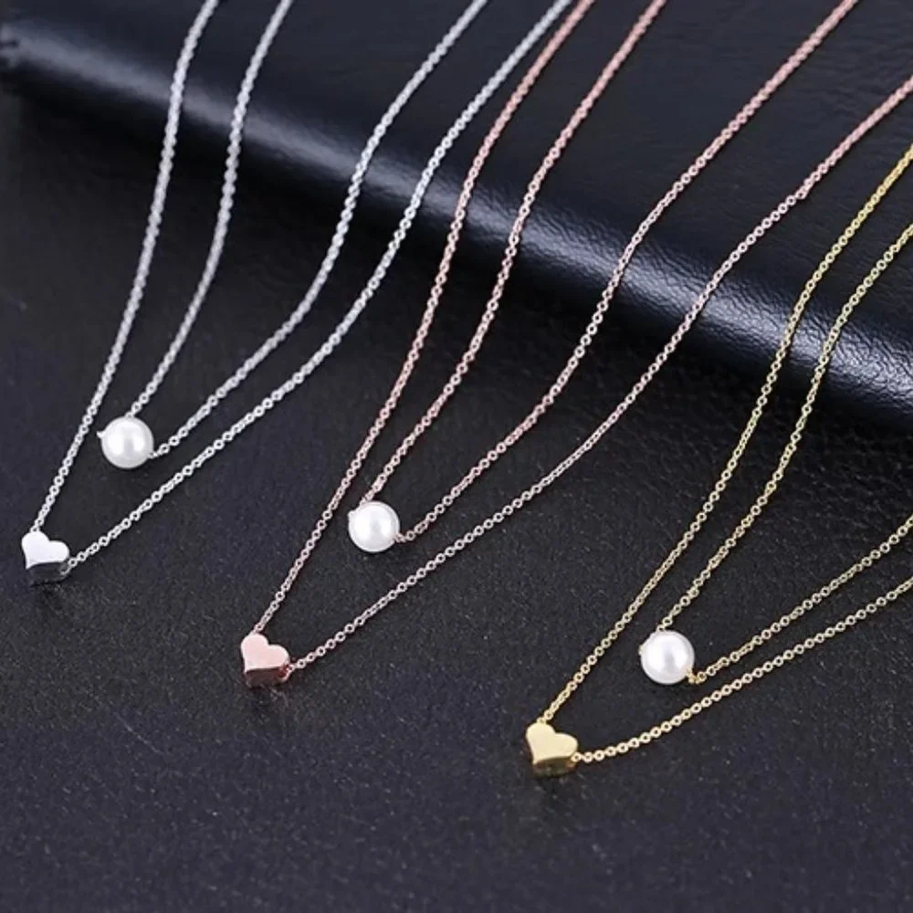 925 Sterling Silver Double Layer Pearl Heart Necklace - Picture 6 of 10